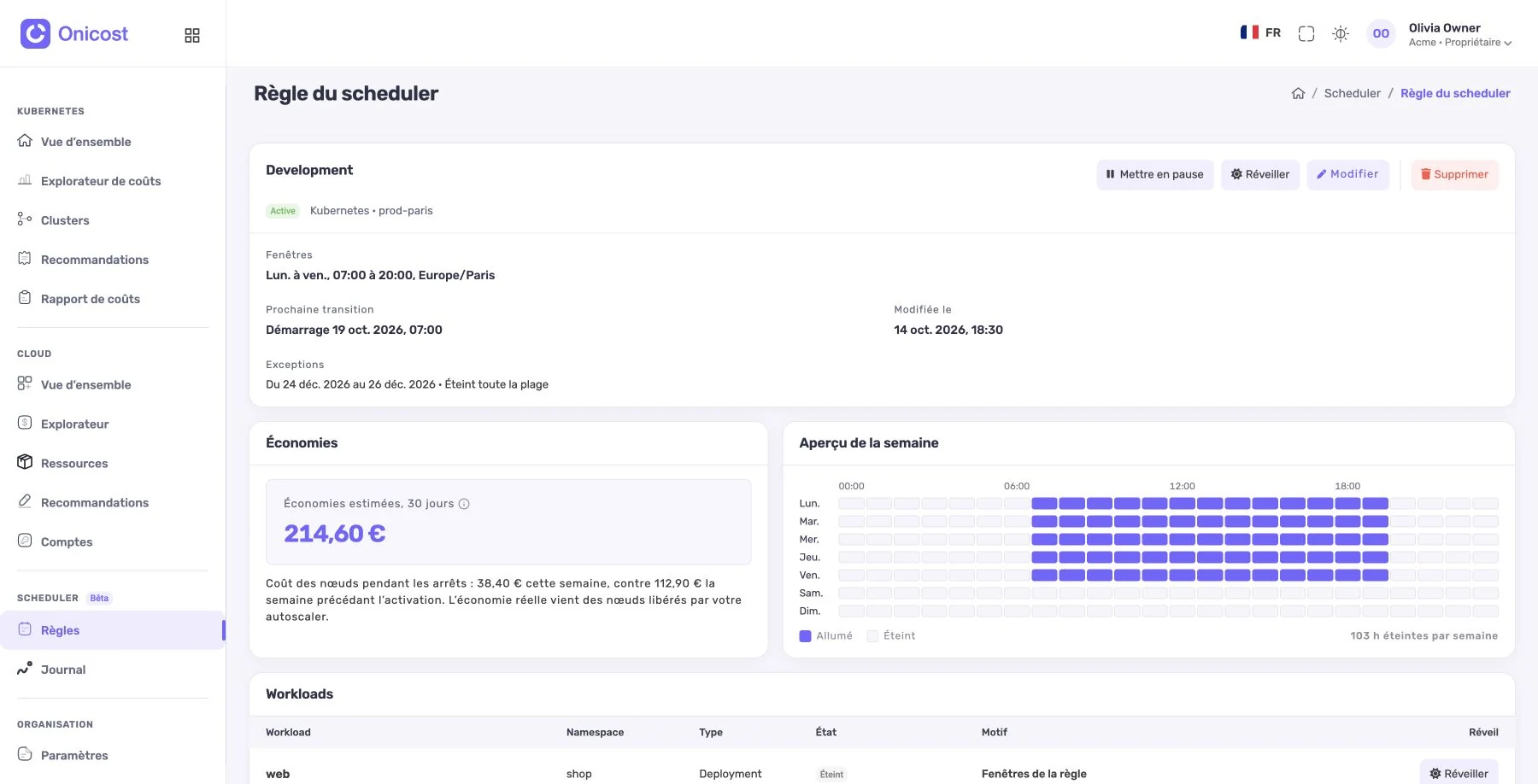 Scheduler Onicost : calendrier hebdomadaire, ressources programmées et économies estimées, sur des données de démonstration.